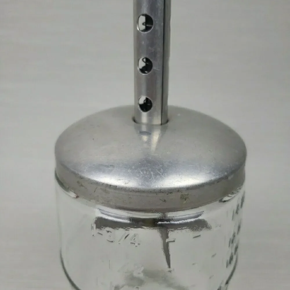 Vintage 14 oz Nut Chopper Red Wood Knob Glass Jar MCM Kitchen Gadget